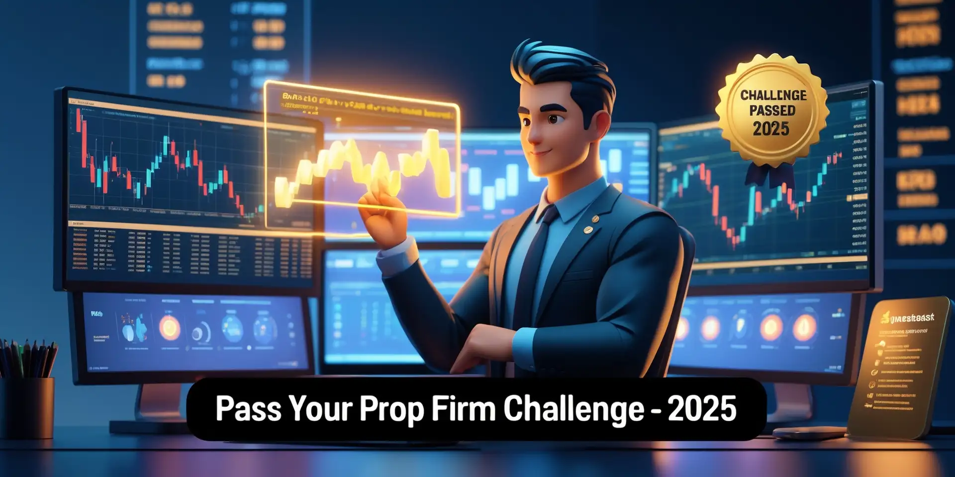 A digital illustration showing a confident trader analyzing charts on multiple monitors with a “Challenge Passed” badge on screen, representing success in passing a prop firm evaluation like WemasterTrade’s challenge.