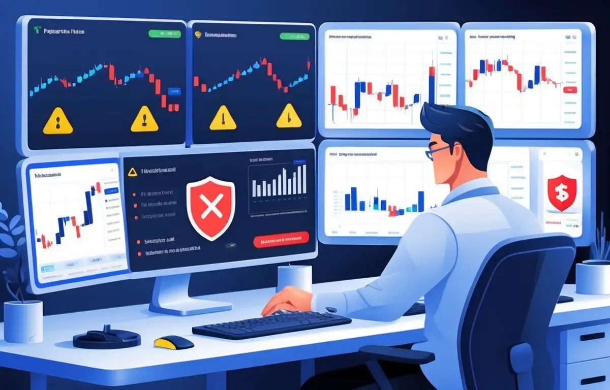A 2D digital illustration of a professional trader managing risk on a multi-monitor setup, with charts, stop loss icons, and drawdown alerts, representing effective risk management strategies for funded accounts in 2025