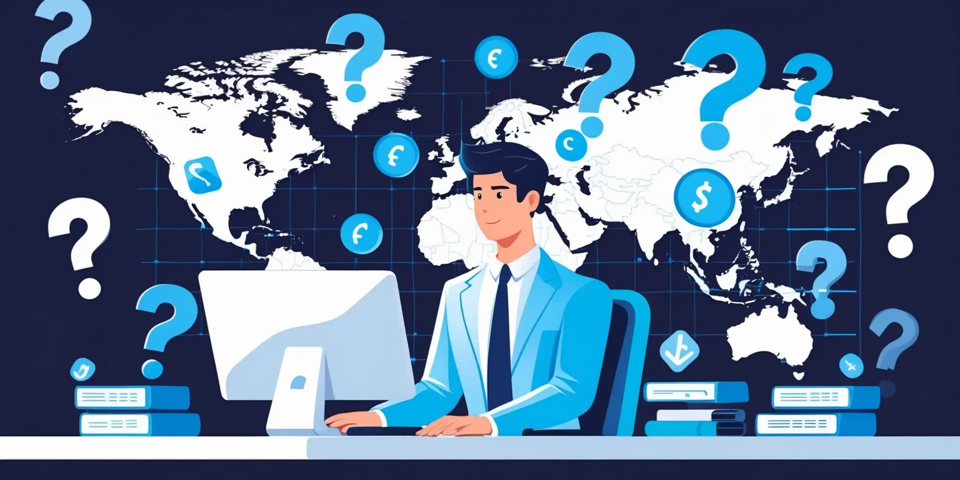 Professional trader with floating question marks and trading icons, symbolizing FAQs about WemasterTrade prop firm.