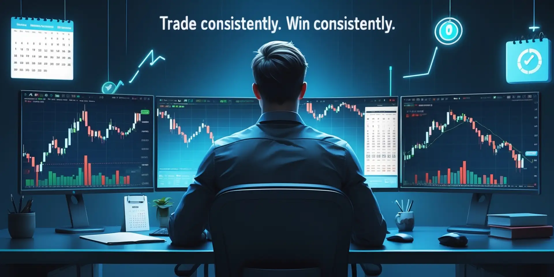 Calm and focused prop trader managing trades with consistency, showing discipline tools like journal and equity chart — representing profit consistency rule in funded trading.