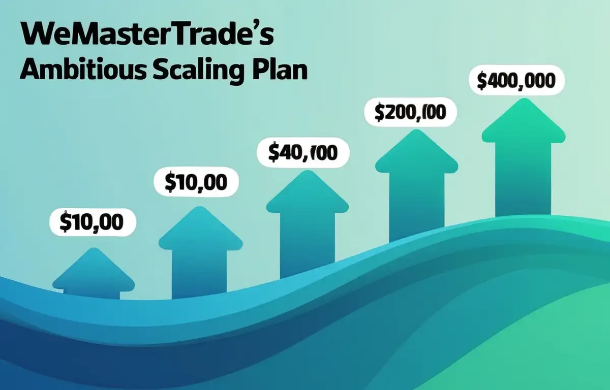 A visual infographic illustrating WemasterTrade's scaling plan with steps from $10K to $400K in capital growth, featuring upward arrows, trading charts, and a clean blue-green design