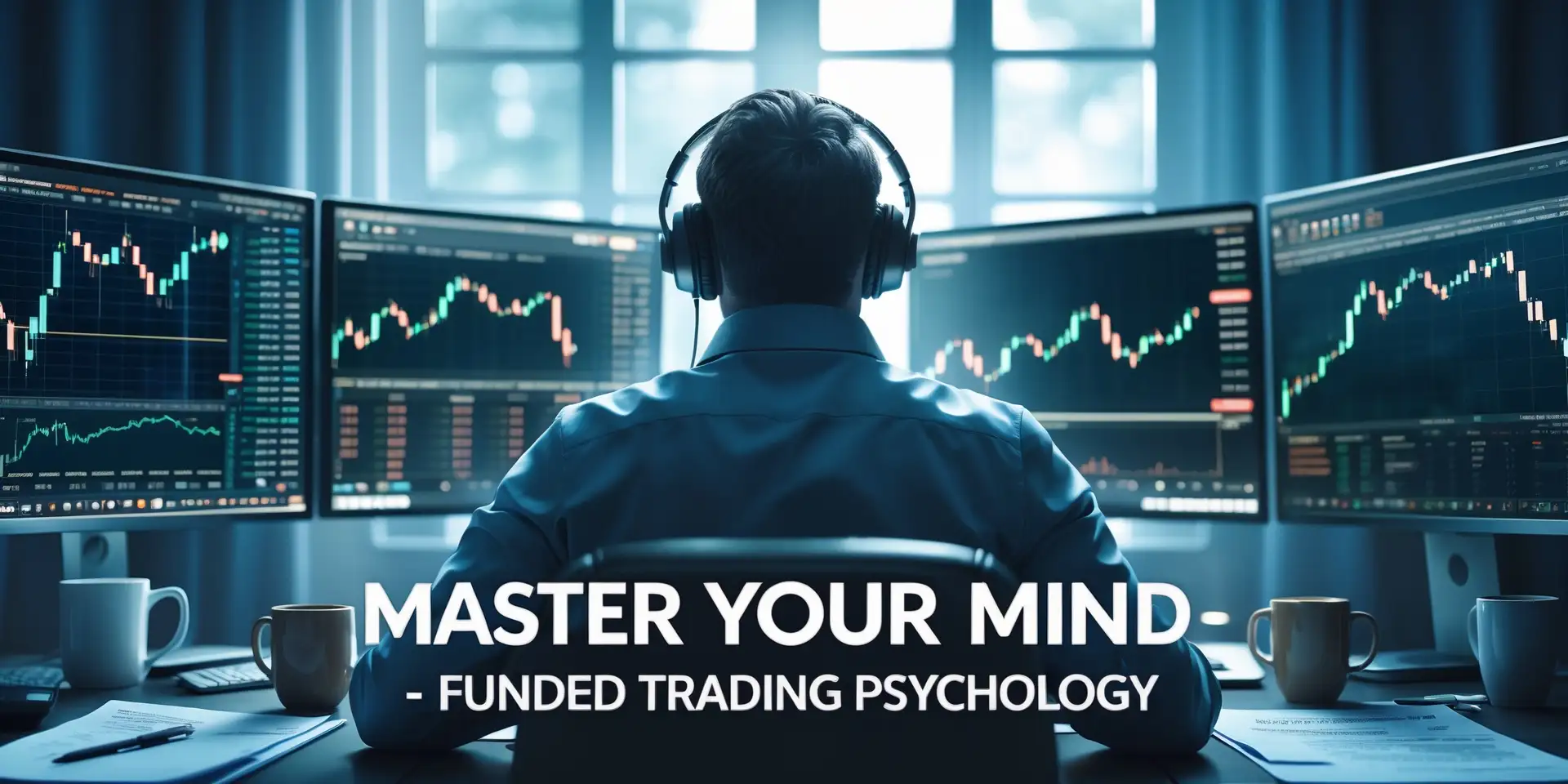Calm forex trader focusing on charts with a disciplined mindset, symbolizing the importance of trading psychology in prop firm trading.