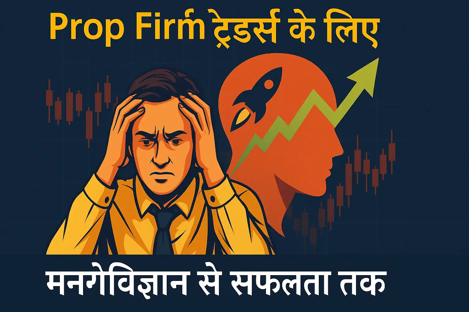 एक प्रोफेशनल ट्रेडर ट्रेडिंग चार्ट के सामने बैठा है, गहरे विचार में डूबा हुआ है। चित्र में ट्रेडिंग साइकोलॉजी को दर्शाते हुए भावनात्मक उतार-चढ़ाव को उजागर किया गया है।