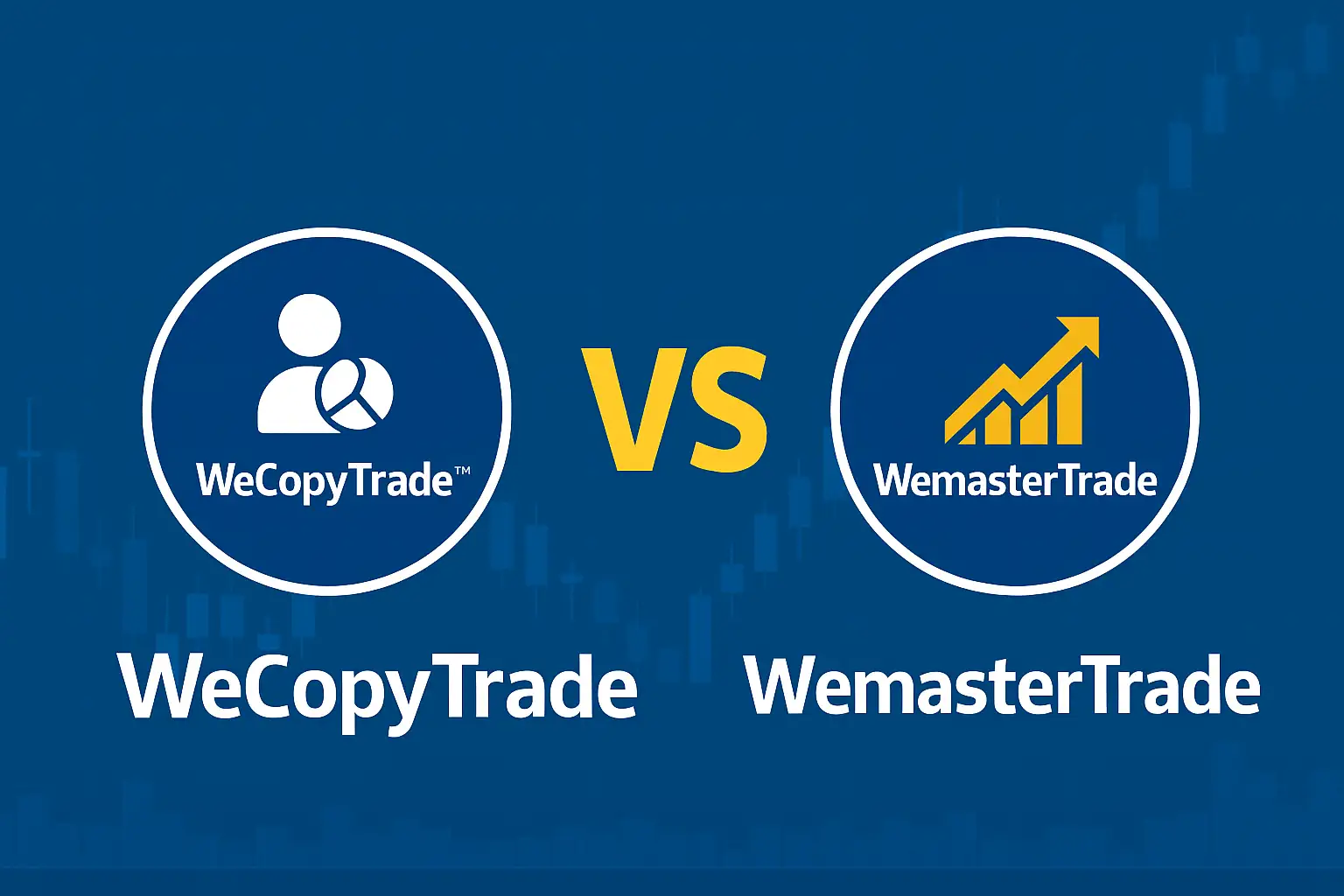 Illustration comparing WeCopyTrade and WemasterTrade platforms — one showing passive copy trading with charts and signal providers, the other highlighting funded trading with a trader using multiple monitors, capital allocation, and profit split model.